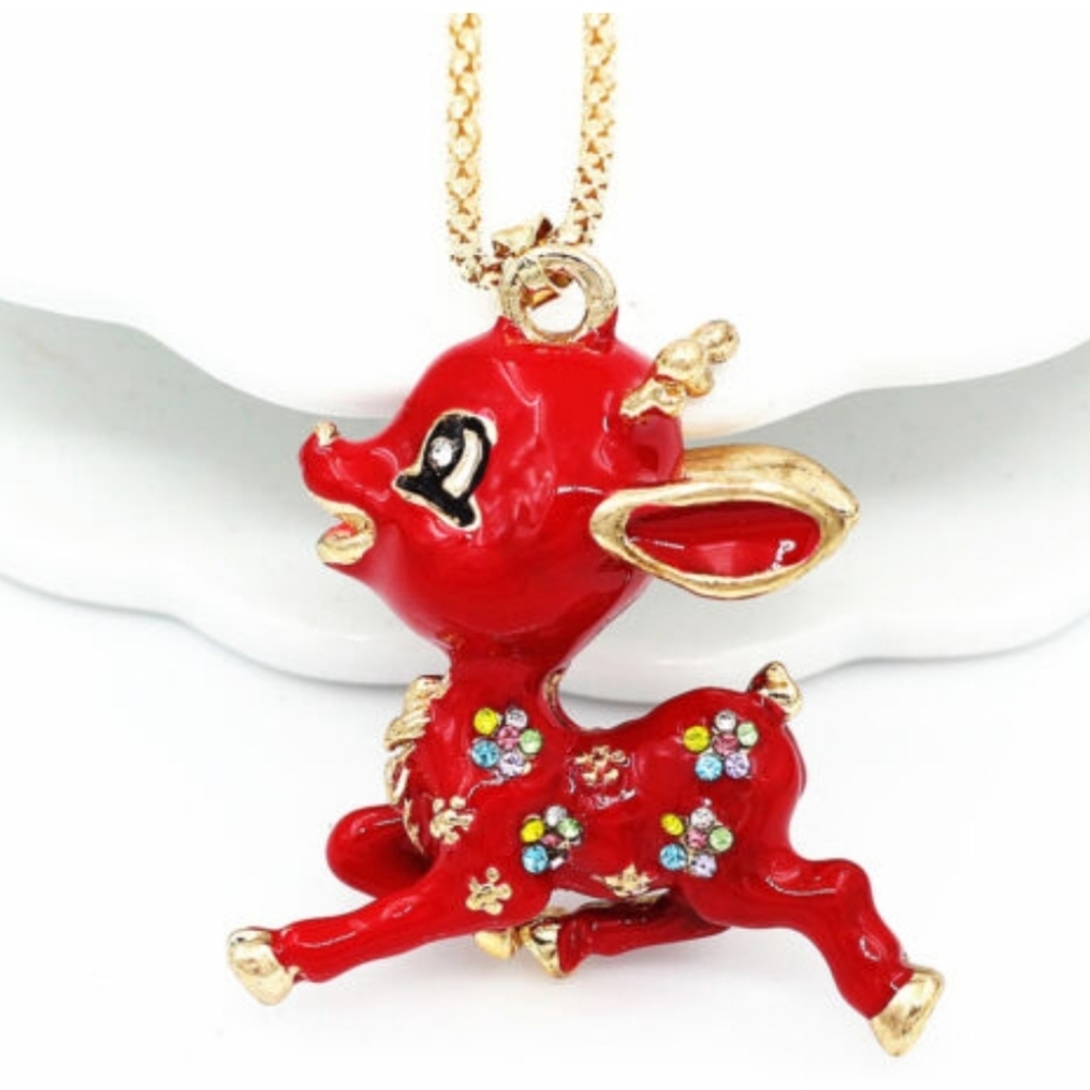 Gold-plated red multi-color Crystal reindeer necklace pendant